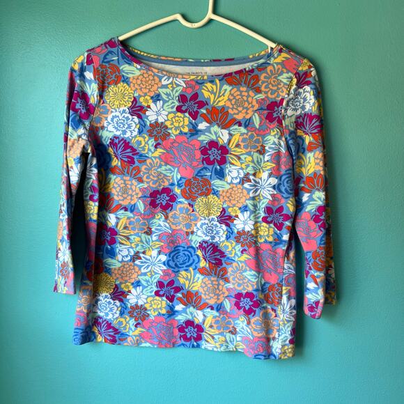 Talbots Women T Shirt Small Cotton Bateau Neck Tee Multi Color Flower 3/4 Sleeve - Picture 1 of 6